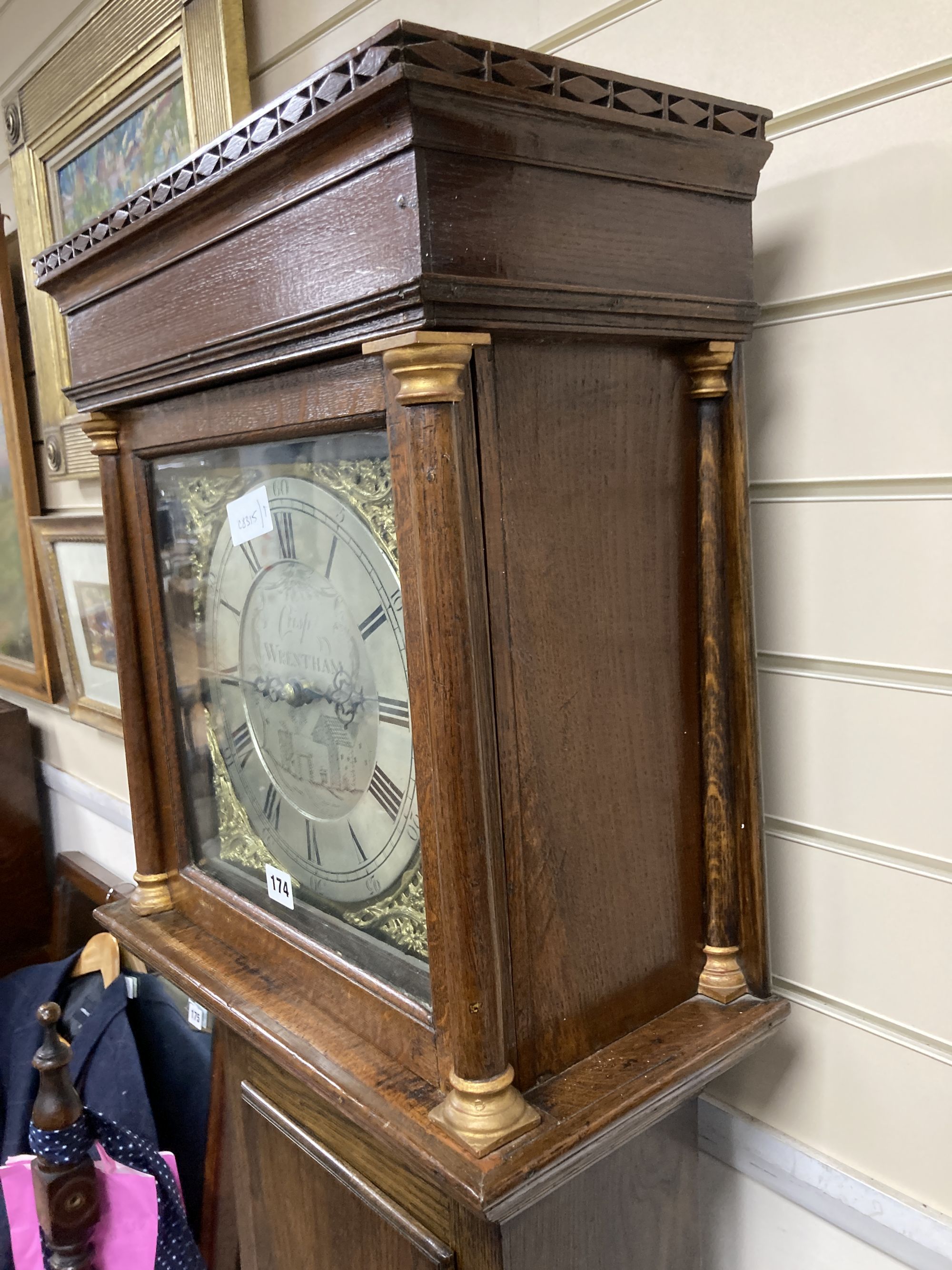 A late 18th century thirty hour longcase clock movement by Crisp - Wrentham in later oak case, height 190cm